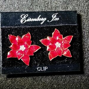 Vtg Eisenberg Ice Red Enamel & Rhinestone Poinsettia Flower Clip Earrings